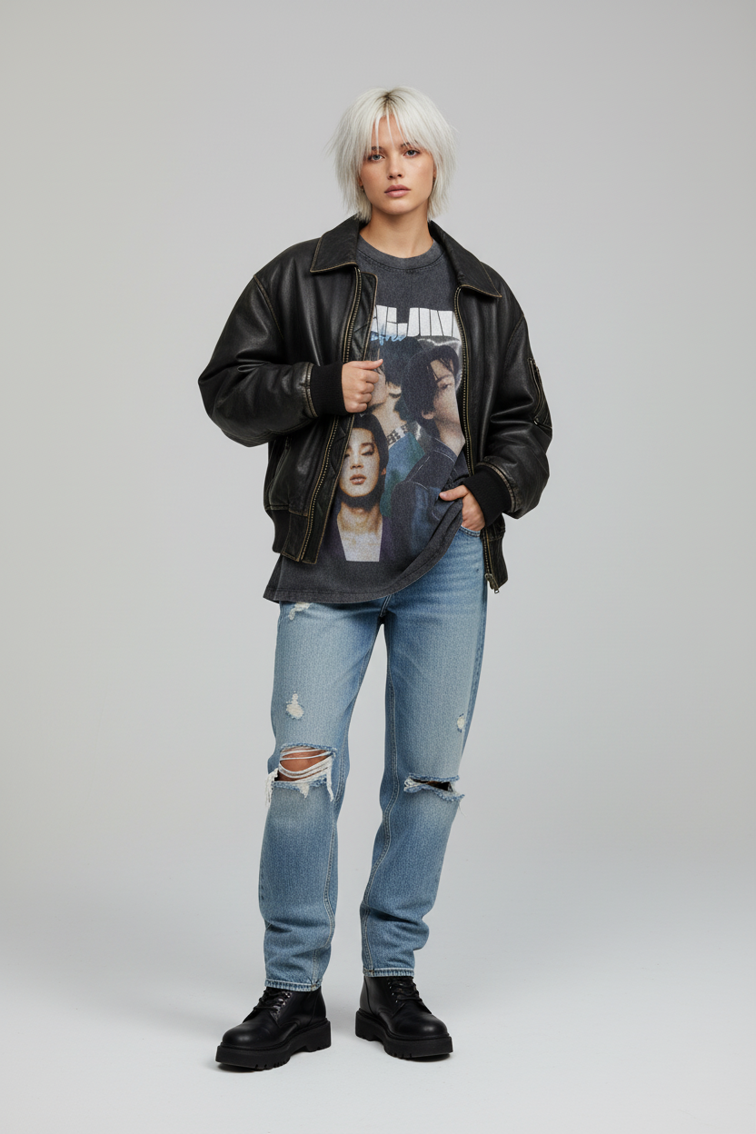 Gray t-shirt with graphic design of three people on a white background