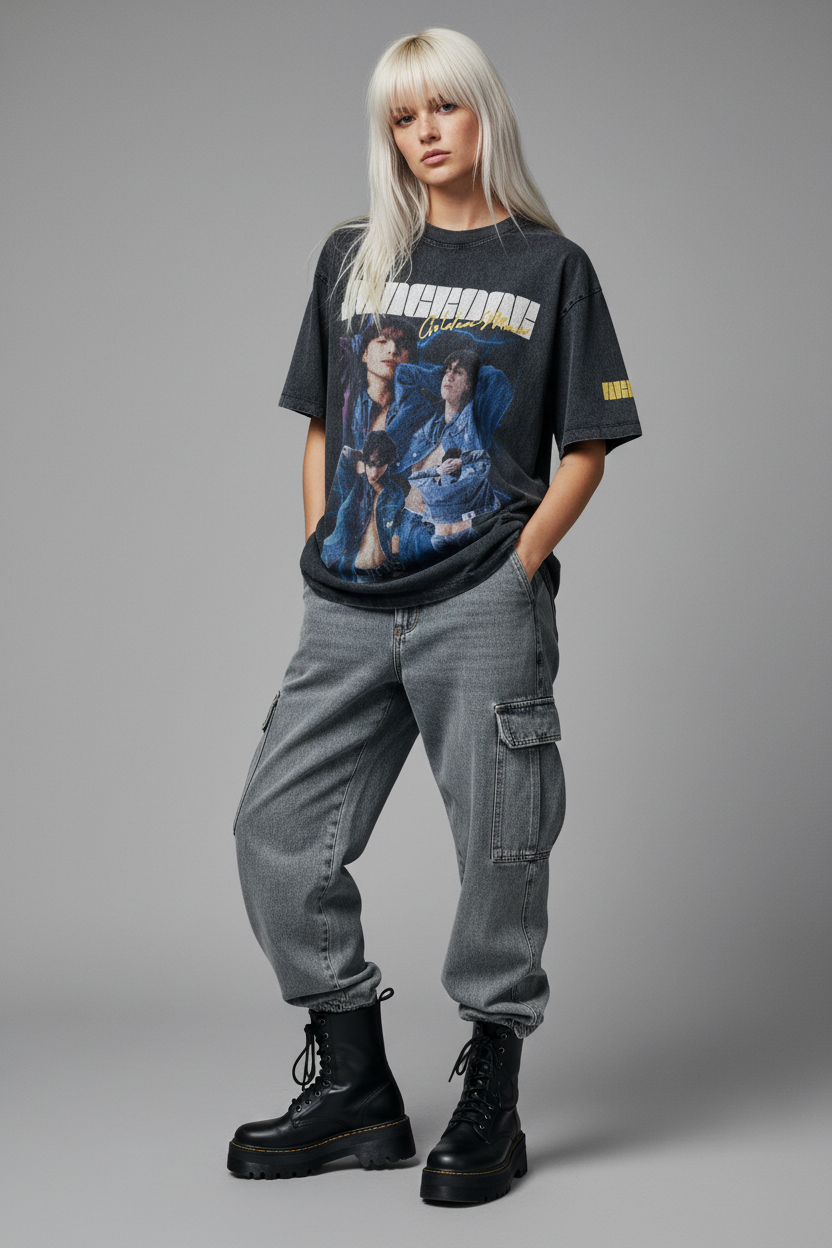 Black t-shirt with graphic design and text on a white background