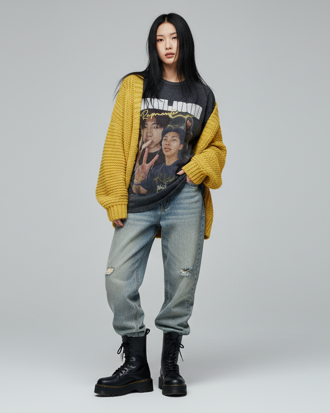 Black t-shirt with graphic design and text on a white background