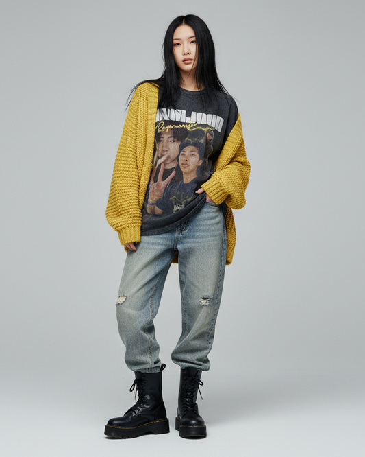 Black t-shirt with graphic design and text on a white background