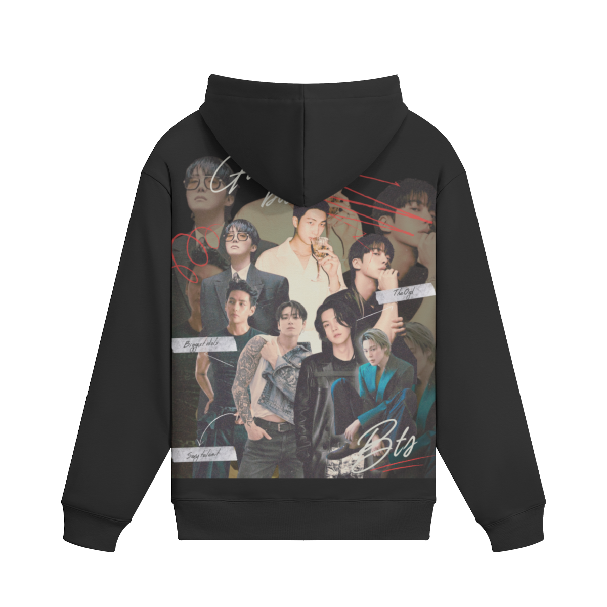 Black hoodie with a collage of images on the back, displayed on a white background
