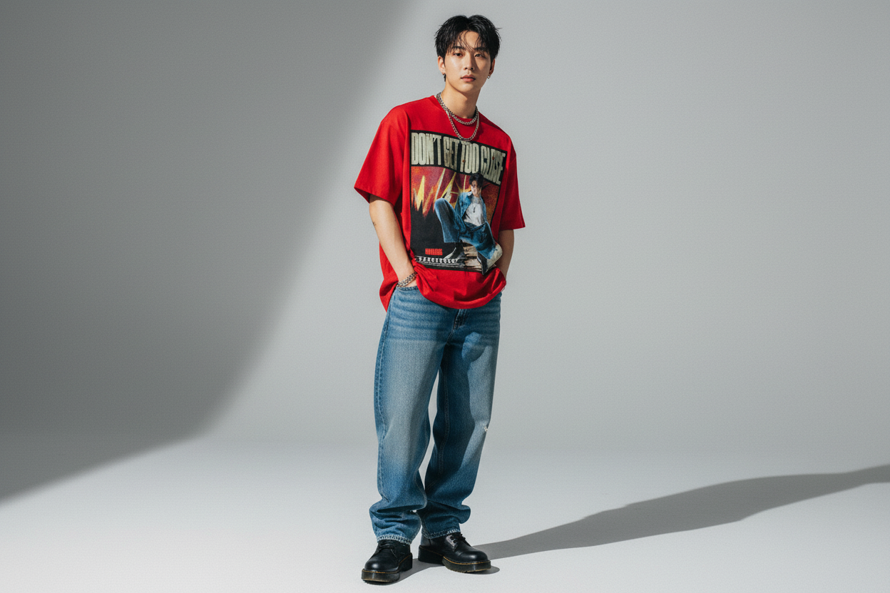 Red t-shirt with graphic design featuring a person and text on a white background