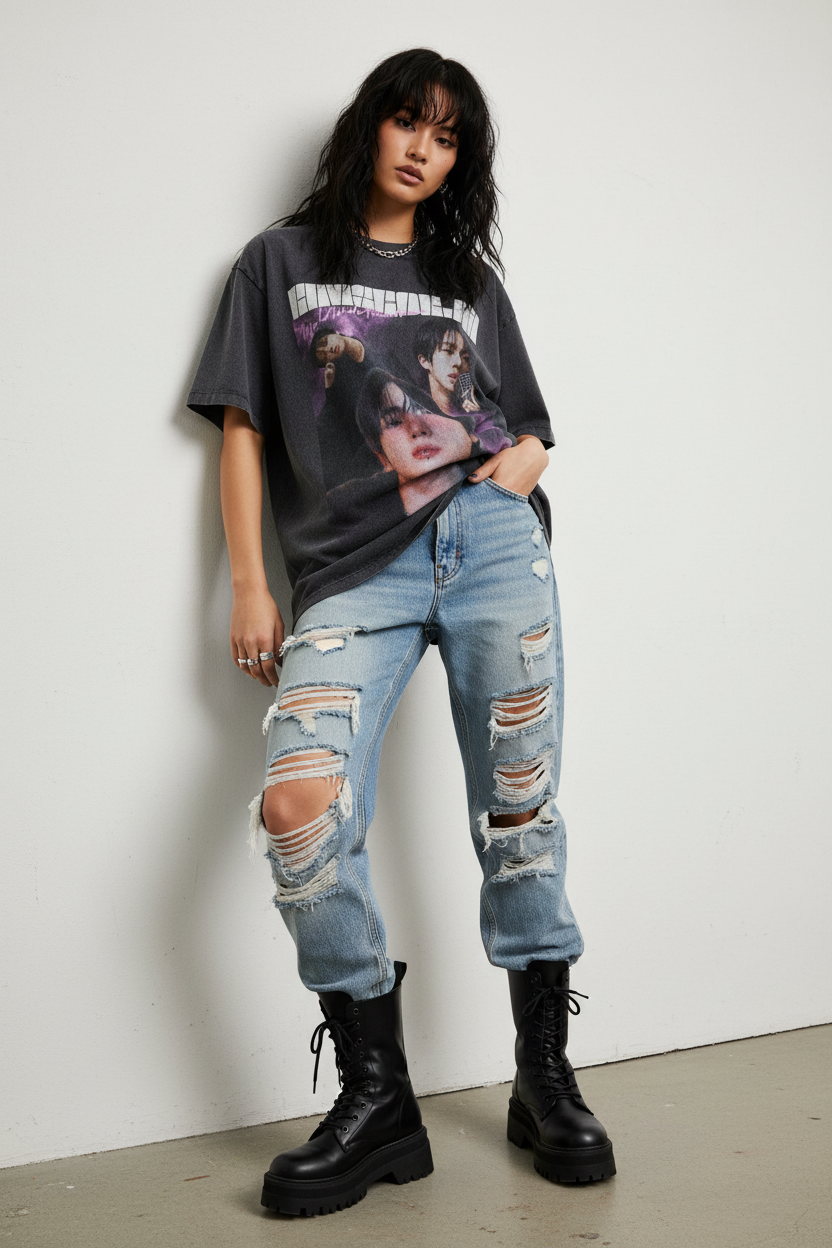 Black t-shirt with graphic design and text on a white background