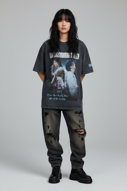 Black t-shirt with graphic design and text on a white background