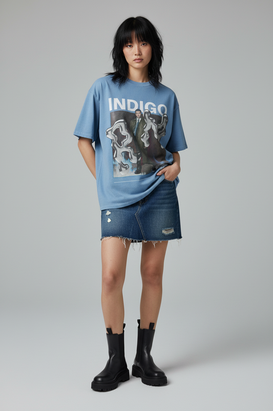 Blue t-shirt with graphic design and 'INDIGO' text on a white background