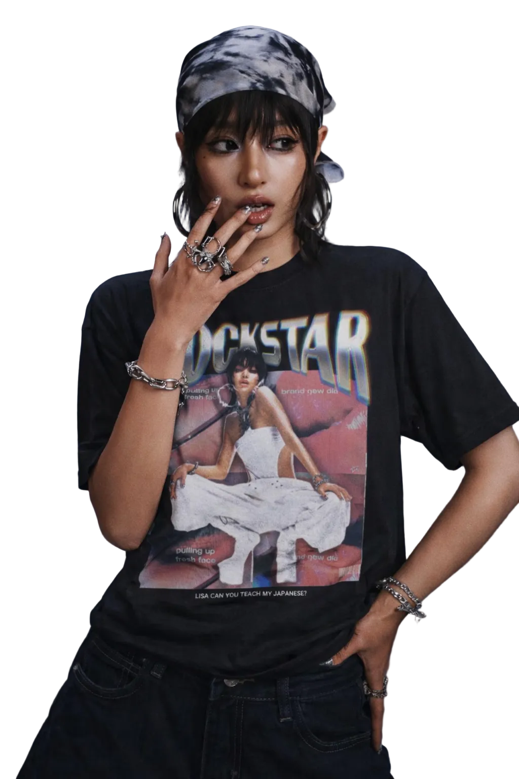 Person wearing a black t-shirt with a graphic design on a blue background