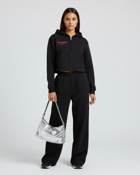 Black hoodie with a red logo on a white background