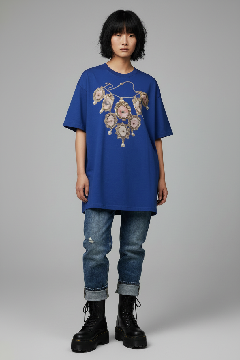 Blue t-shirt with a decorative necklace design on a white background