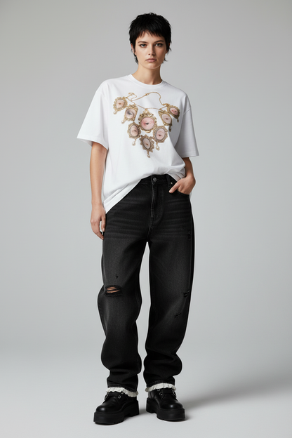 White t-shirt with a decorative necklace design on a white background