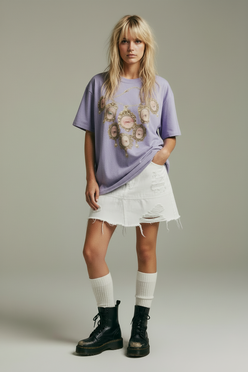 Purple t-shirt with a decorative necklace design on a white background
