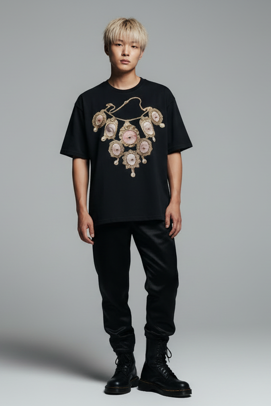 Black t-shirt with an ornate necklace design on a white background