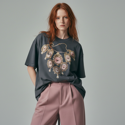 Gray t-shirt with a necklace design featuring pink stones and gold accents on a white background