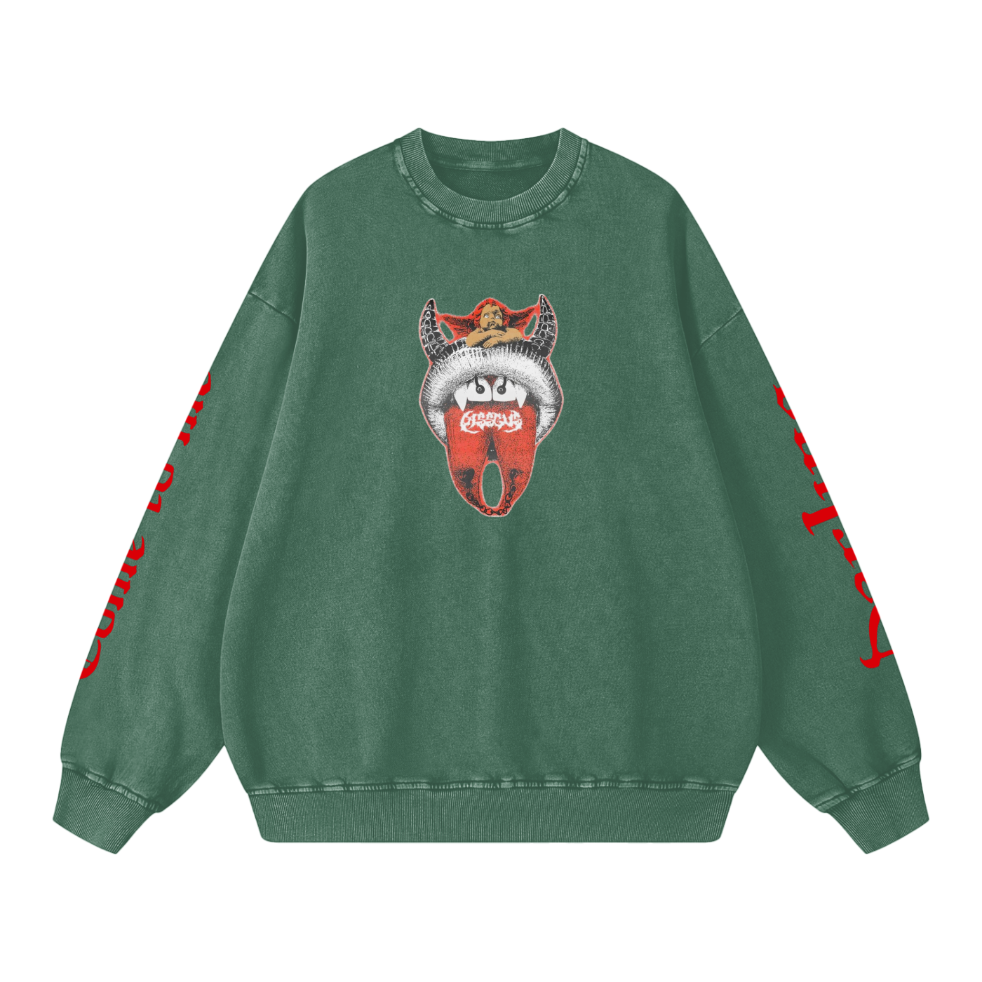 Green sweatshirt with a red and white graphic on a white background