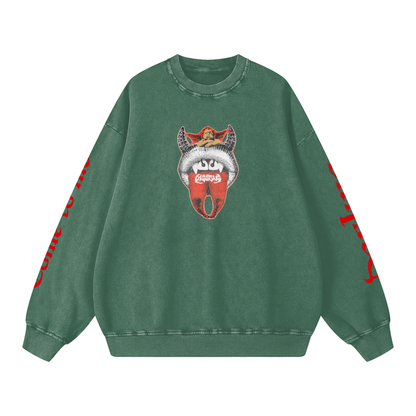 Green sweatshirt with a red and white graphic on a white background