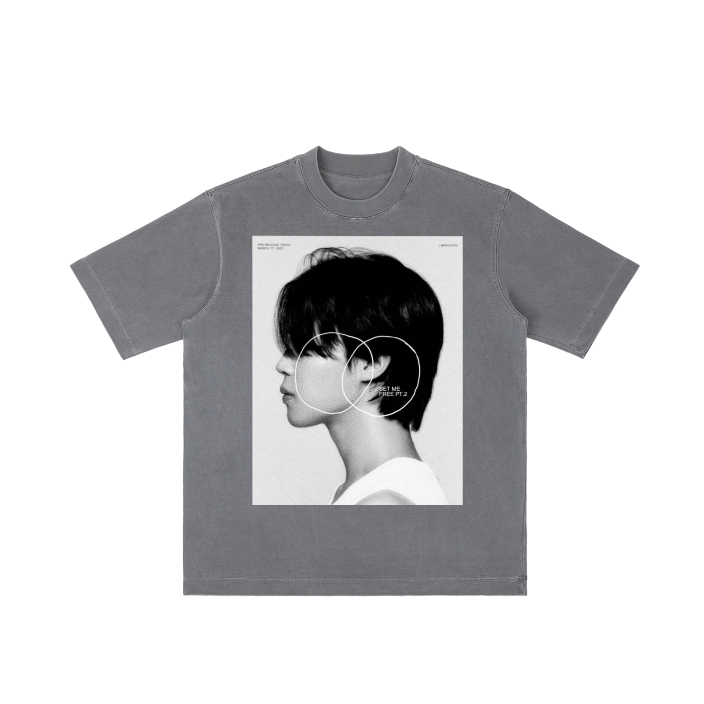 Gray t-shirt with a graphic of a person with short hair and a minimalistic design on a white background