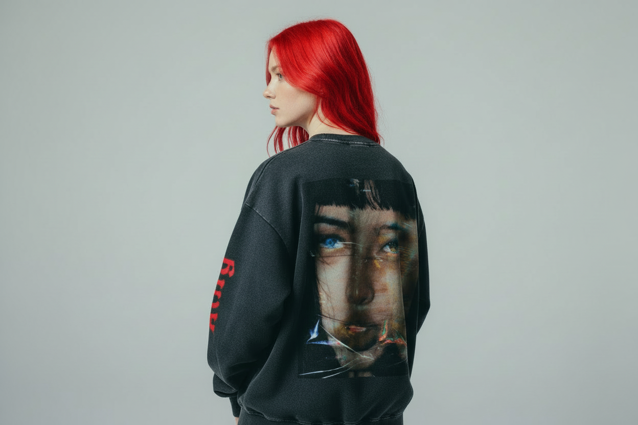 Black sweatshirt with a graphic of a face on the back against a white background