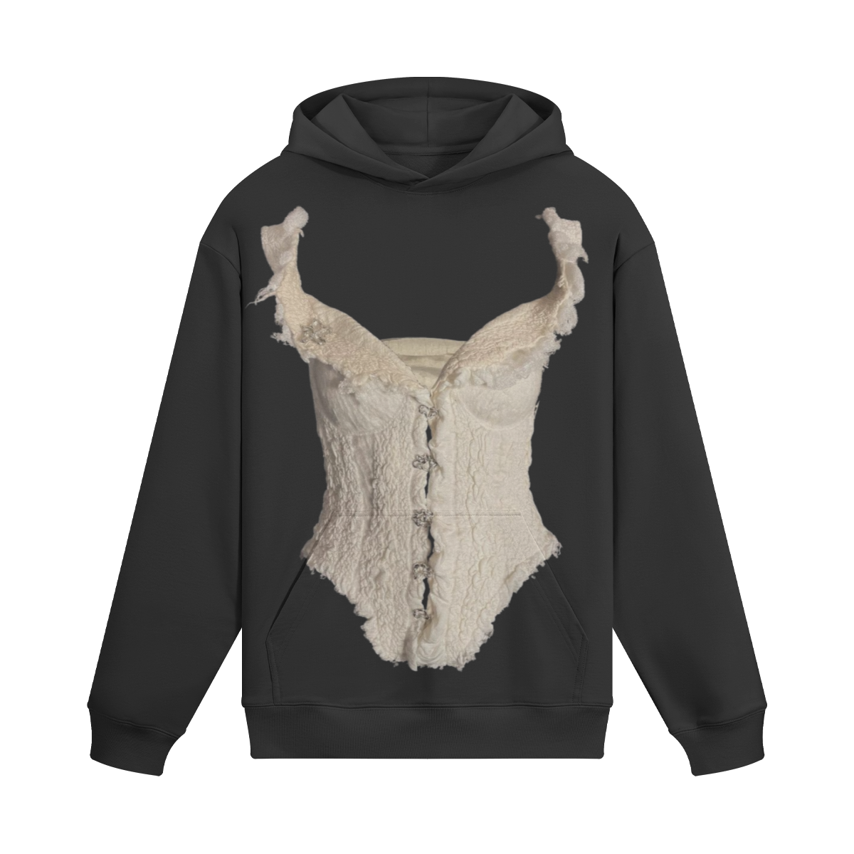 Black hoodie with a lace design on the back against a white background