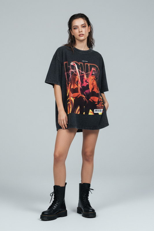 Black t-shirt with graphic design of two women and the word 'LOVER' on a white background