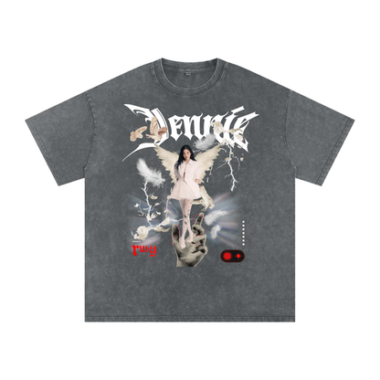 Gray t-shirt with graphic design featuring a woman, wolf, and text on a white background