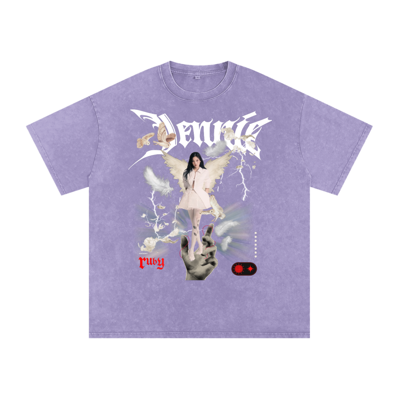 Purple t-shirt with graphic design featuring a person, wings, and text on a white background