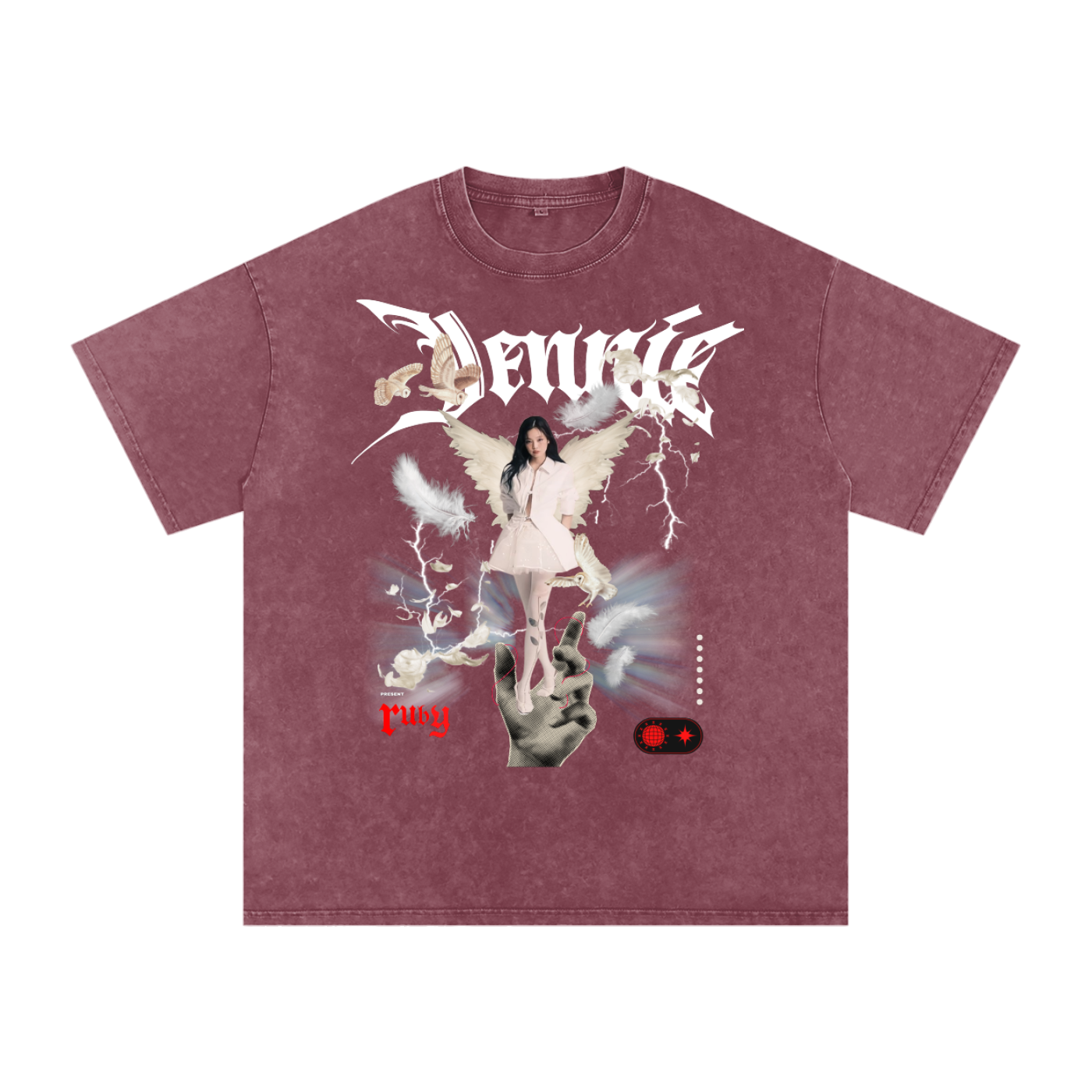 Maroon t-shirt with graphic design featuring a woman with wings and text on a white background