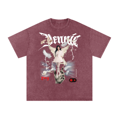 Maroon t-shirt with graphic design featuring a woman with wings and text on a white background