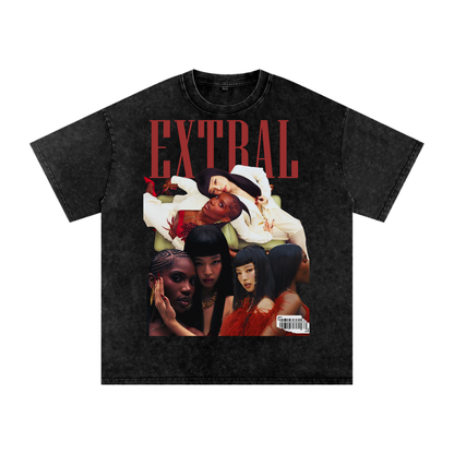 Black t-shirt with 'EXTRAL' text and graphic design on a white background