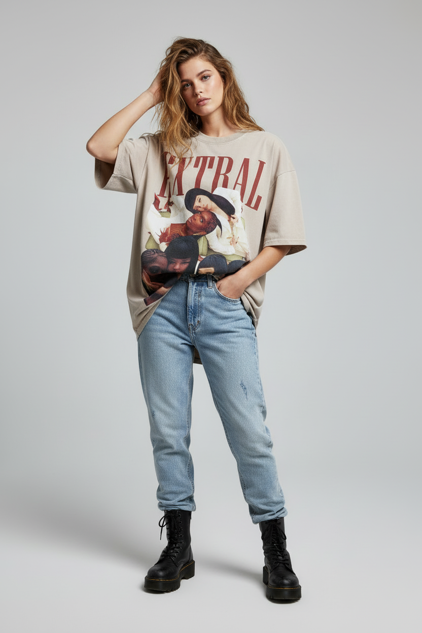 Beige t-shirt with a graphic design featuring four people and the word 'EXTERAL' on a white background.