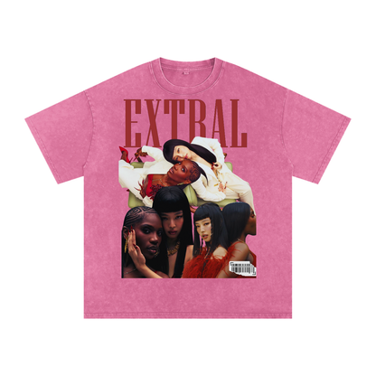 Pink t-shirt with graphic design and 'EXTERAL' text on a white background