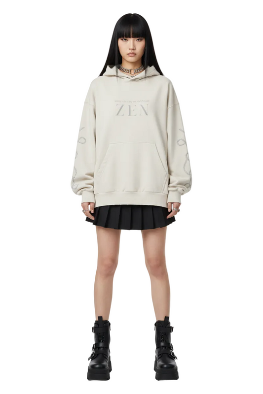 Beige hoodie with 'ZEN' text on a white background