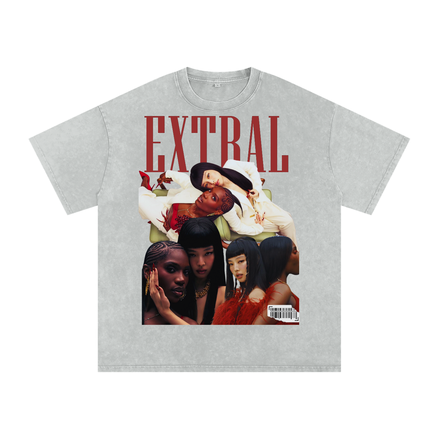 Gray t-shirt with a graphic design featuring people and the word 'EXTERAL' on a white background