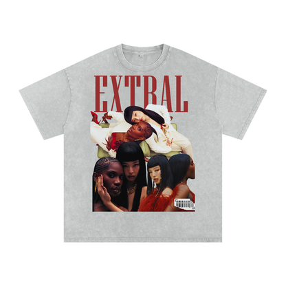 Gray t-shirt with a graphic design featuring people and the word 'EXTERAL' on a white background