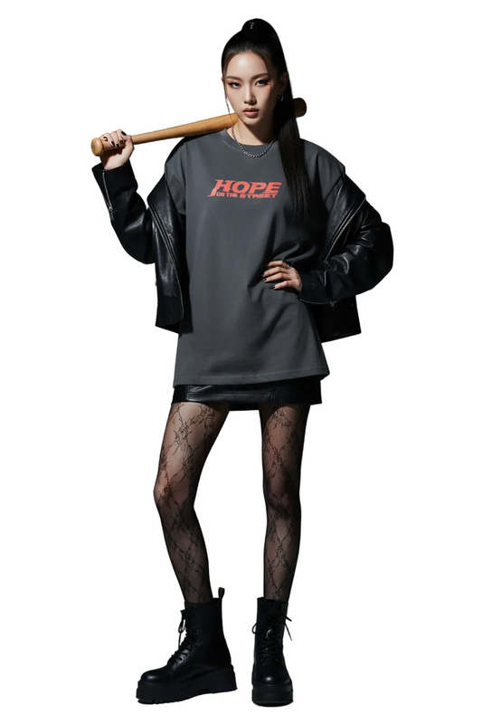 Gray t-shirt with 'HOPE on the Street' text in red on a white background