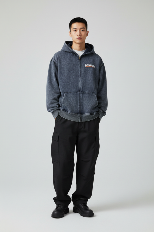 Blue hoodie with 'HOPE' text on a white background