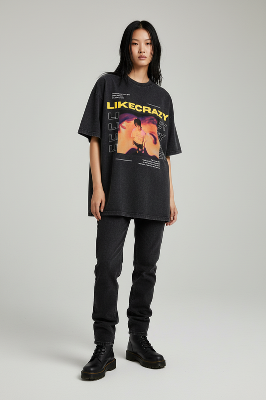 Black t-shirt with 'LIKE CRAZY' graphic design on a white background
