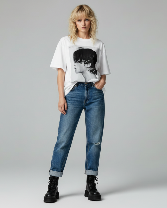 White t-shirt with a black and white graphic of a person's profile on a white background