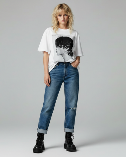 White t-shirt with a black and white graphic of a person's profile on a white background