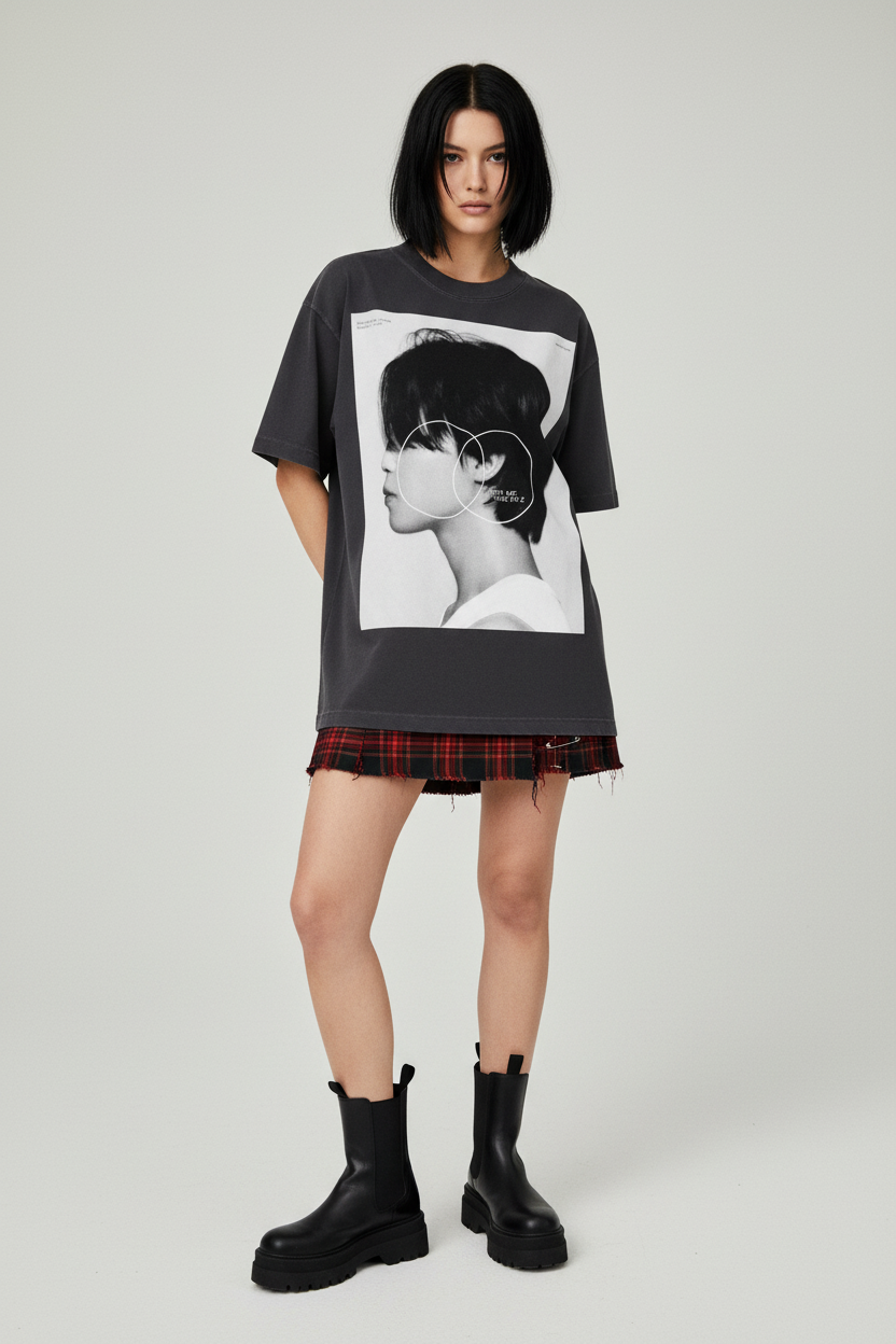 Black t-shirt with a graphic of a person's profile and circular design on a white background