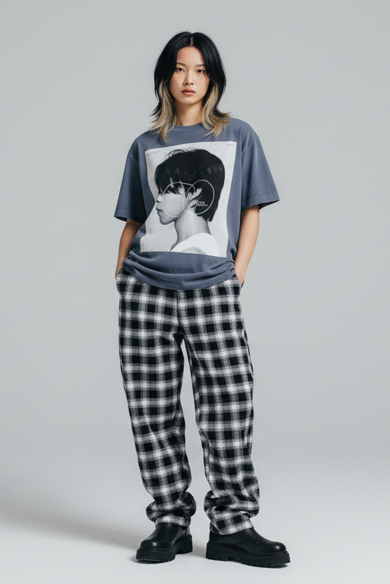 Blue t-shirt with a graphic of a person's profile on a white background