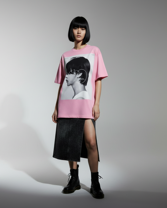 Pink t-shirt with a graphic of a person's profile on a white background