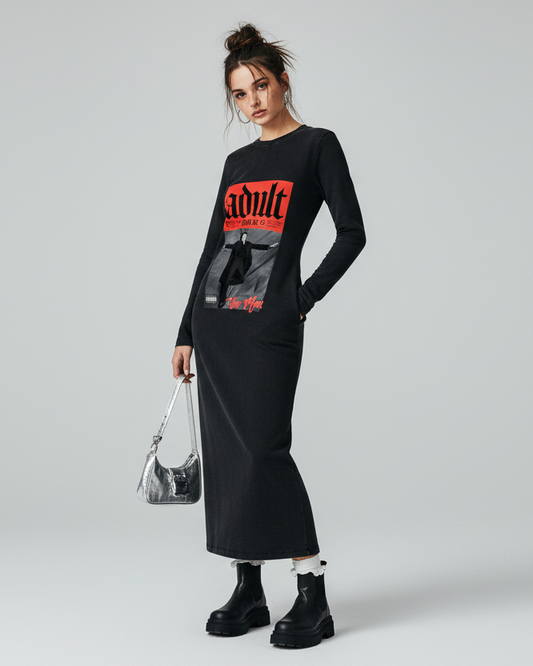 Black dress with a graphic design on a white background