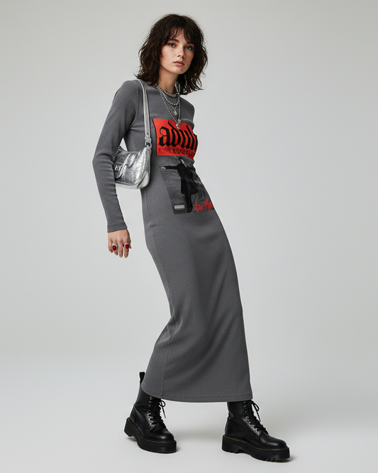 Gray dress with a graphic design on a white background