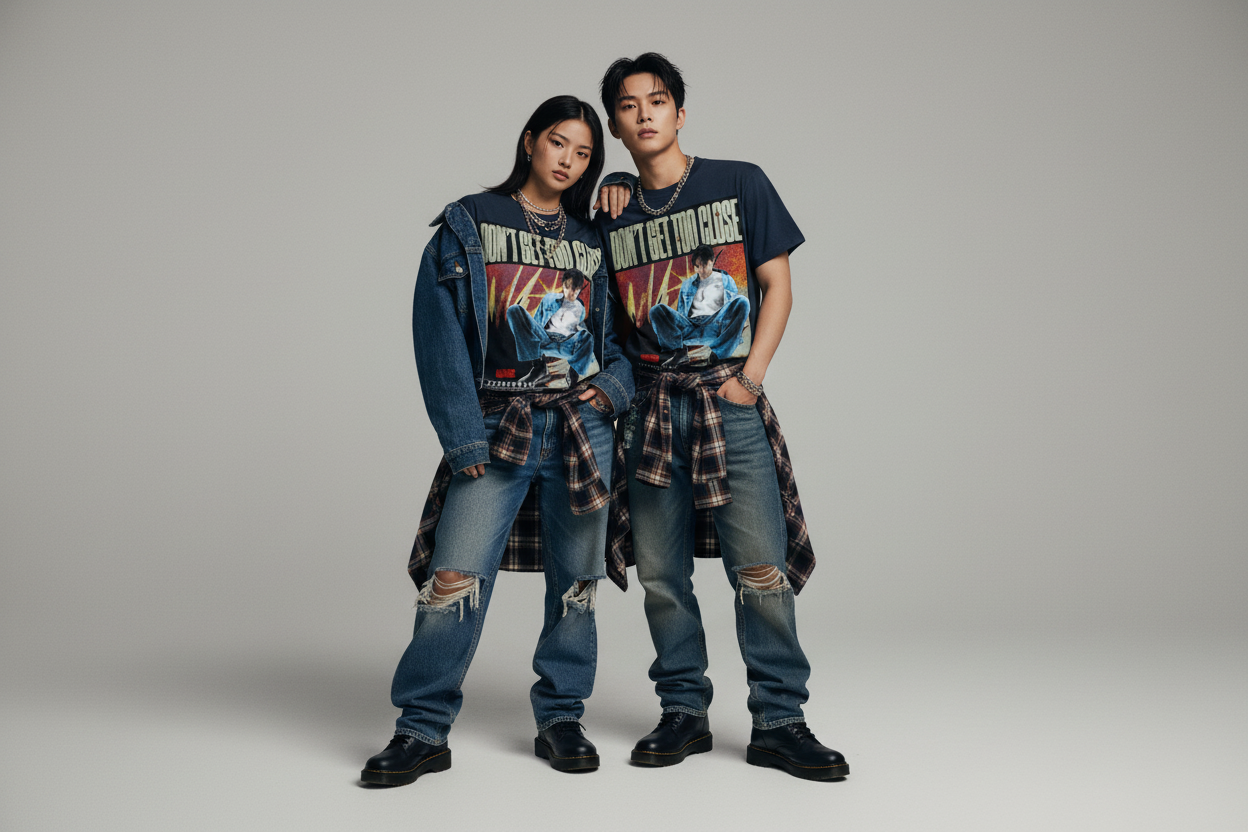 Navy blue t-shirt with a graphic design featuring a person in a blue jacket and text 'Don't Get Too Close' on a white background.