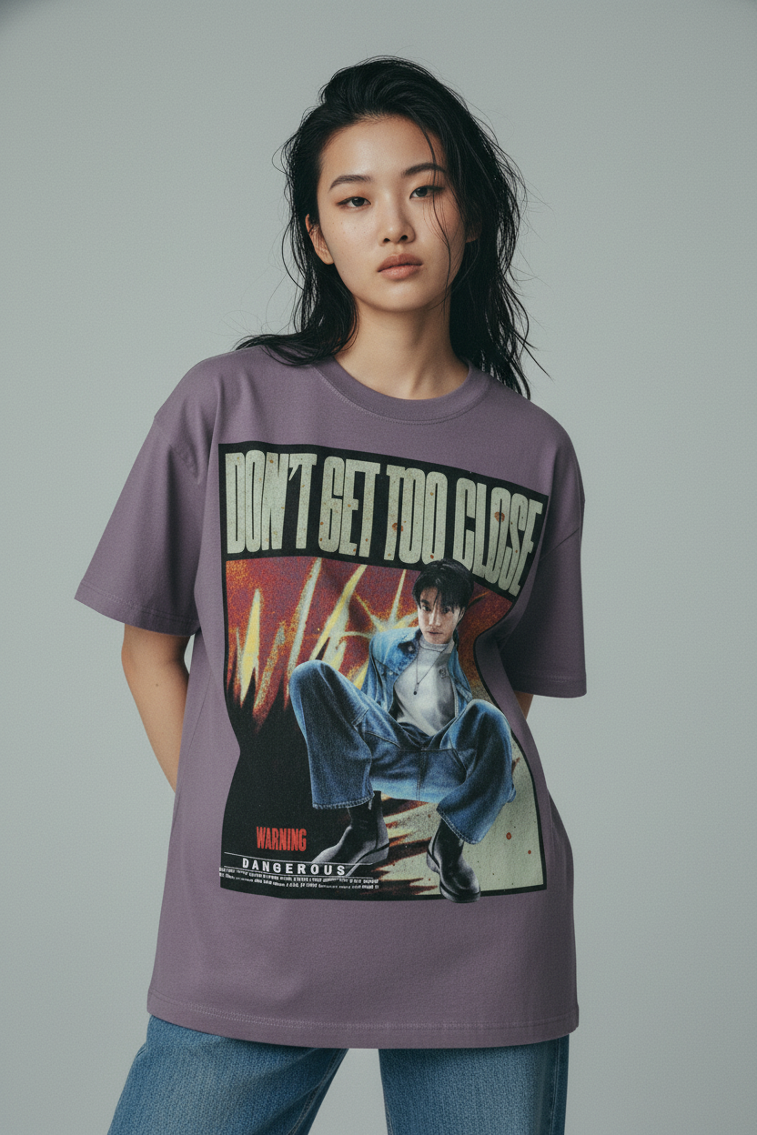 Gray t-shirt with a graphic design featuring a person in a blue jacket and text 'Don't Get Too Close' on a white background.