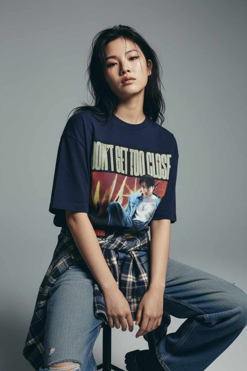 Navy blue t-shirt with a graphic design featuring a person in a blue jacket and text 'Don't Get Too Close' on a white background.