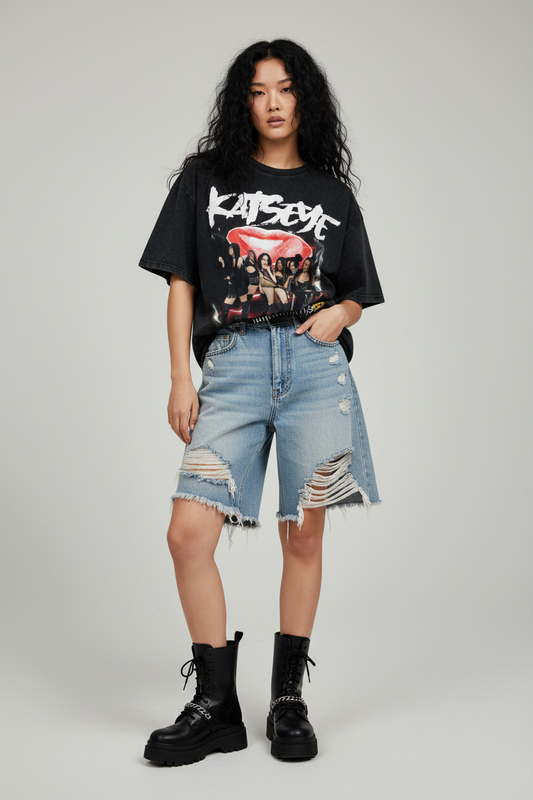 Black t-shirt with graphic design and text on a white background