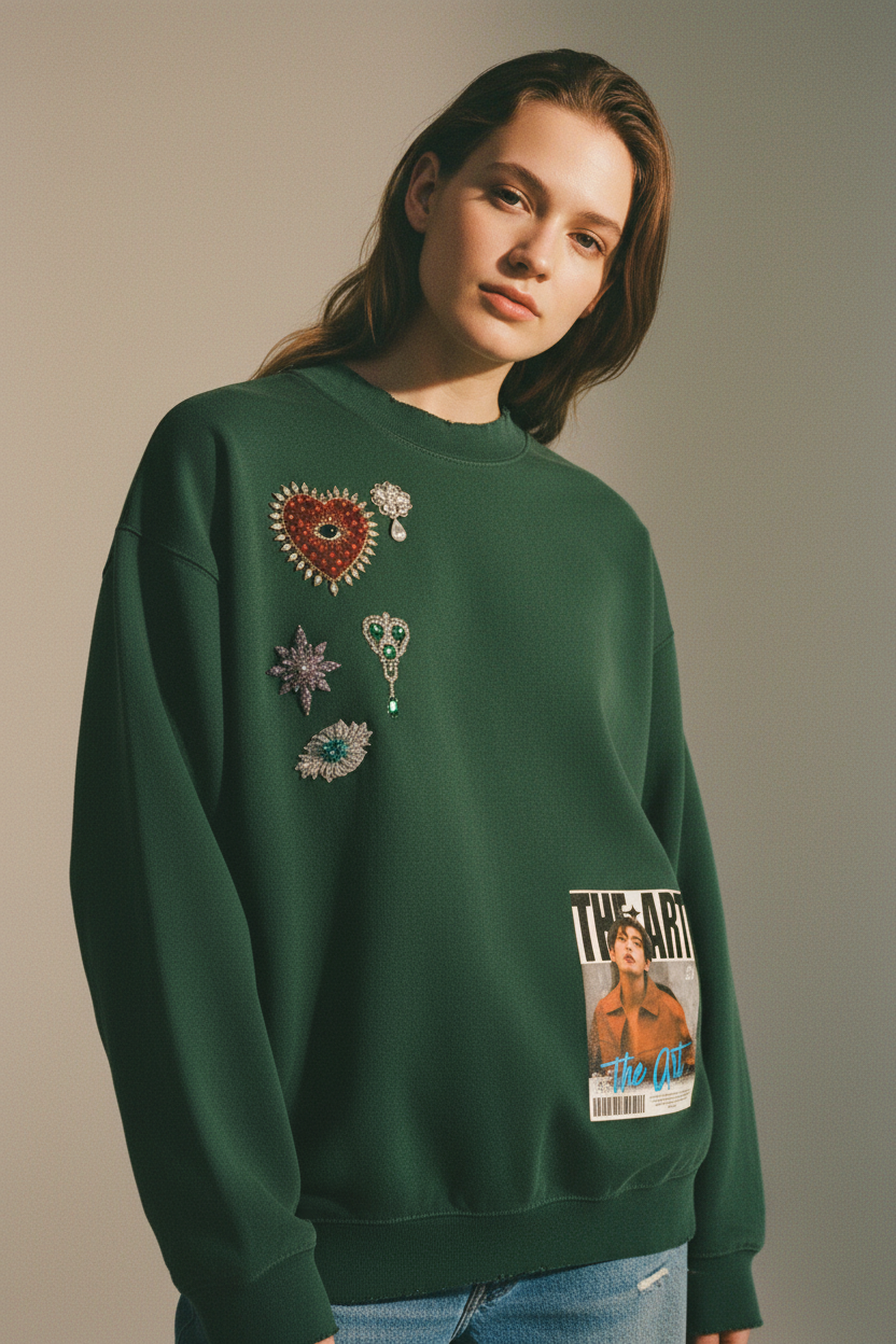 Green sweatshirt with decorative elements and a magazine cover print on a white background