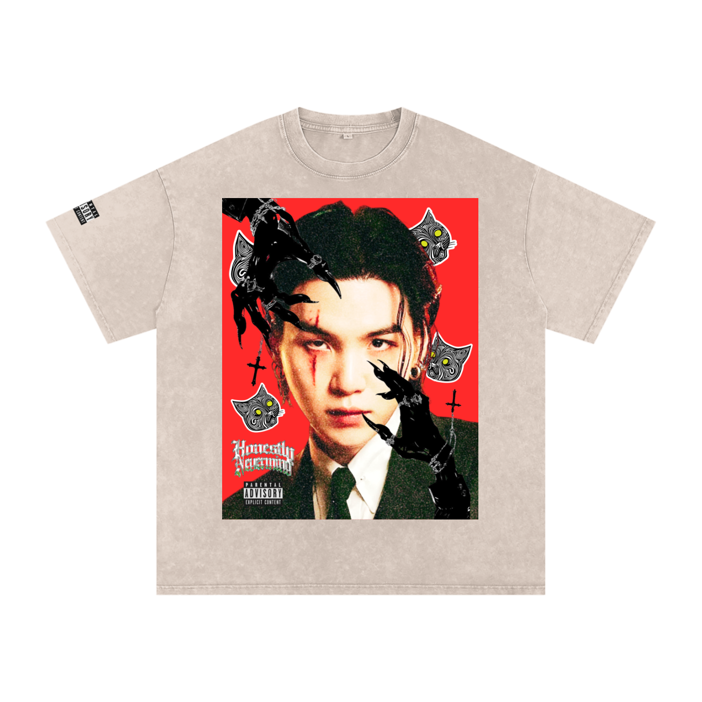 Beige t-shirt with a graphic design of a person with black hair and red background on a white background