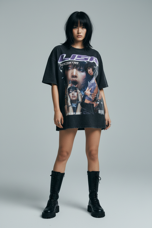 Black t-shirt with a graphic design featuring a woman and text on a white background