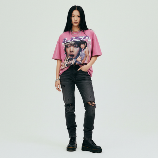 Pink t-shirt with graphic design of a person and text on a white background